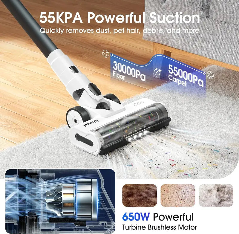 Cordless Stick Vacuum Cleaner, 55KPa Suction, 70-Min Runtime, Touchscreen & Anti-Tangle Brush